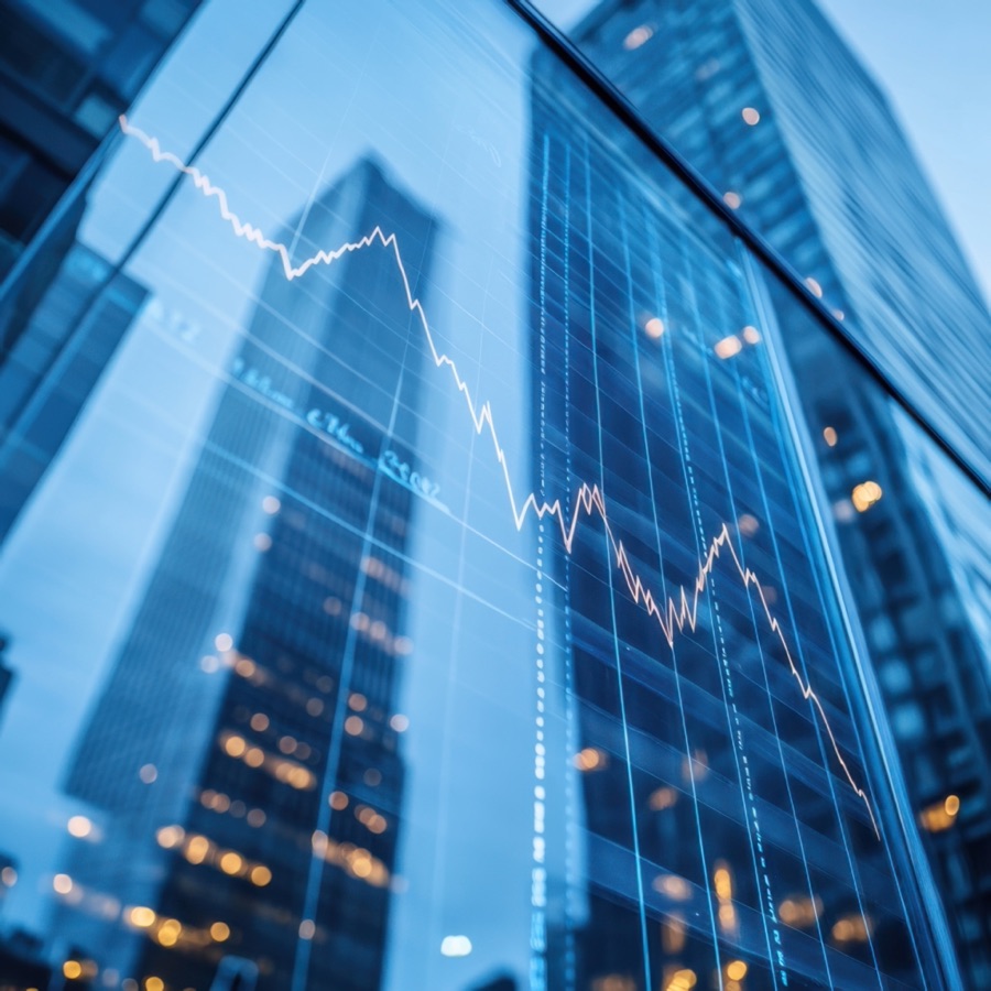 Rascacielos financieros con gráfico bursátil